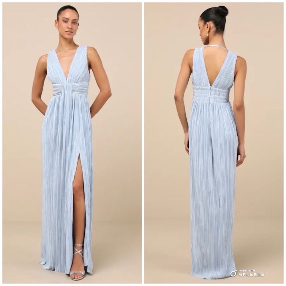 Sleeveless V-Neck Pleated Maxi Dress in Light Blue